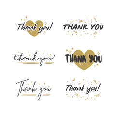 Thank You lettering compositions written with decorative calligraphic font. Bundle of gratitude phrase decorated with cute elements. Hand drawn thanks vector quotes.