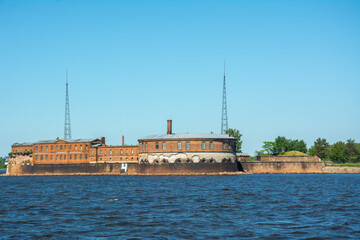 Naklejka premium Ruins of the medieval Kronstadt fortification built by Peter the Great around Kotlin Island on the banks of the Finnish gulf, Saint Petersburg, Russia