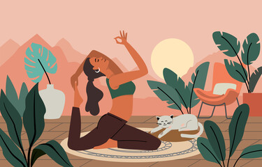 Young woman doing yoga exercises and practicing meditation vector. Female character outdoor