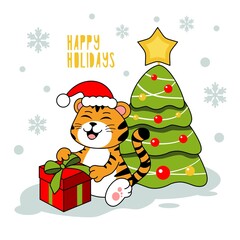 little tiger cub and christmas tree, gifts, new year