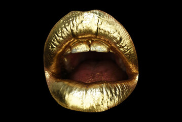 Surprise. Cosmetics and make-up. Gold lips lipstick and gloss. Sexy and sensual open mouth. Golden lips closeup. Beauty and fashion.