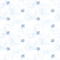 Watercolor seamless pattern gentle golden and blue stars on white background. Hand made illustrations print. For design, baby room, cards, linens, linen, wallpaper, cases design, posters.