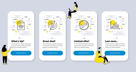 Set of Finance icons, such as Audit, Refresh bitcoin, Online buying icons. UI phone app screens with people. Diagram graph line symbols. Arrow graph, Update cryptocurrency, Shopping cart. Vector