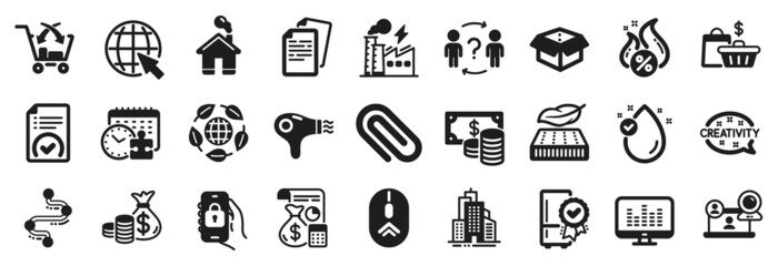 Set of Business icons, such as Lightweight mattress, Coins banknote, Hot loan icons. Electricity factory, Delegate question, Approved document signs. Coins bag, Puzzle time, Swipe up. Home. Vector