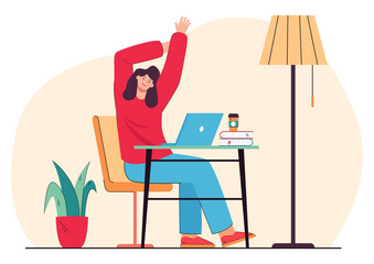 Happy employee taking break from work and stretching at desk. Calm office person relaxing or resting in workplace flat vector illustration. Coffee break, relaxation, job concept for banner