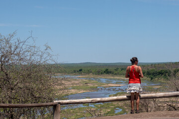 Fototapeta na wymiar Tourist looking out over the Olifantsrivier in Kruger National Park, South Africa.