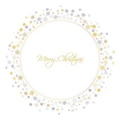 Christmas snowflakes round frame. background. Winter gold and silver snow minimal wreath  on white, greeting card. New Year Holidays backdrop. Vector illustration