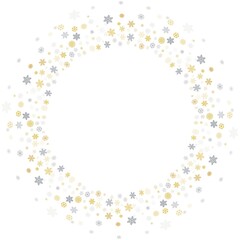 Christmas snowflakes round frame. background. Winter gold and silver snow minimal wreath  on white, greeting card. New Year Holidays backdrop. Vector illustration