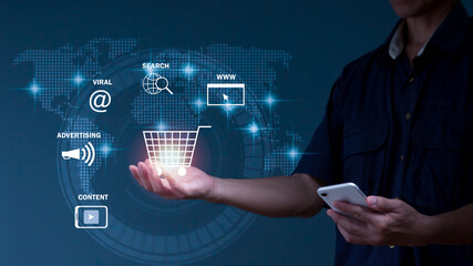 Businessmen employ visual representations of marketing progress and the online shopping notion.