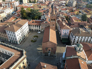 Fototapeta na wymiar Aerial view of facade of the ancient Duomo in Monza (Monza Cathedral). Drone photography of the main square with church in Monza in north Italy, Brianza, Lombardia, near Milan.