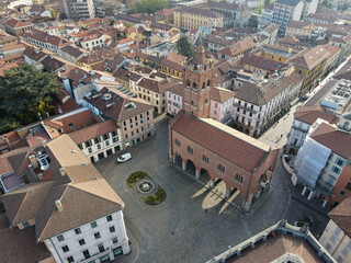 Aerial view of facade of the ancient Duomo in Monza (Monza Cathedral). Drone photography of the main square with church in Monza in north Italy, Brianza, Lombardia, near Milan.