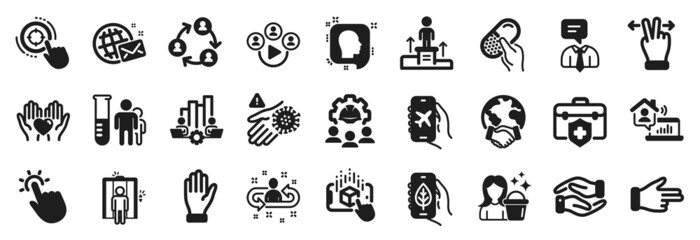 Set of People icons, such as Head, Global business, Teamwork chart icons. Capsule pill, Helping hand, Medical insurance signs. Teamwork, Hand, Recruitment. Touchscreen gesture, Cleaning. Vector