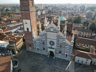 Aerial view of facade of the ancient Duomo in Monza (Monza Cathedral). Drone photography of the...