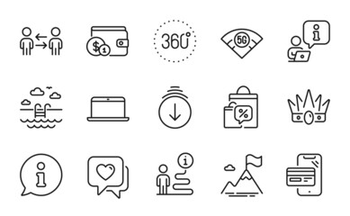 Business icons set. Included icon as Scroll down, Crown, Online shopping signs. Heart, Buying accessory, 5g wifi symbols. 360 degrees, Sale bags, Teamwork business. Laptop, Mountain flag. Vector