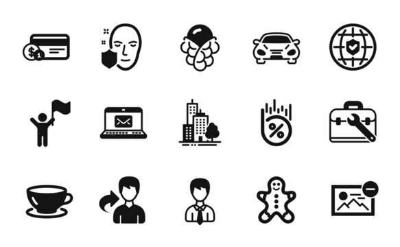Vector set of Leadership, Tool case and Skyscraper buildings icons simple set. Face protection, Loan percent and Car icons. Remove image, Share and Espresso signs. Leadership simple web symbol. Vector