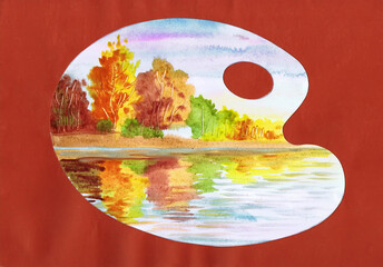 Autumn landscape in the form of a palette. Children's drawing