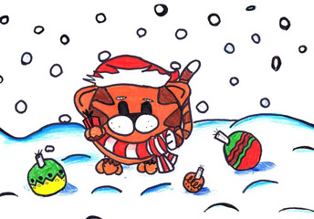 A little tiger cub in a Santa Claus hat stands in the snow. 2022 year. Child's drawing