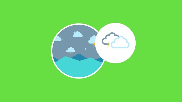 4k video of cartoon thunderstorm icons on green background.