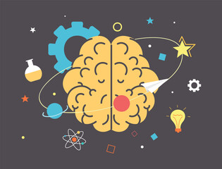 Image of brain. Metaphor of mental activity. Generation of ideas, creativity, biology, physiology. Infinite potential, concept of cerebral Hemisphere, science. Cartoon flat vector illustration
