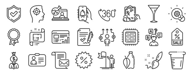 Set of Business icons, such as Innovation, Business way, Paint brush icons. Approved agreement, Prescription drugs, Cooking beaker signs. Leadership, Discount, Mail letter. Quiz test. Vector
