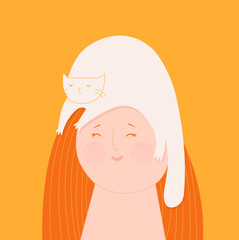 a girl with red hair on her head has a cat