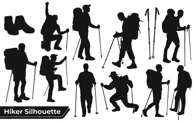 Collection of Hiker in mountains silhouettes in different poses