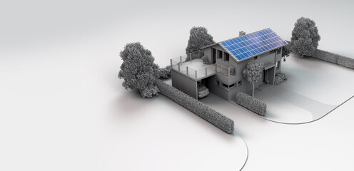 stilisiertes modernes Haus aus der Vogelperspektive mit einer Photovoltaik-Anlage auf dem Dach
