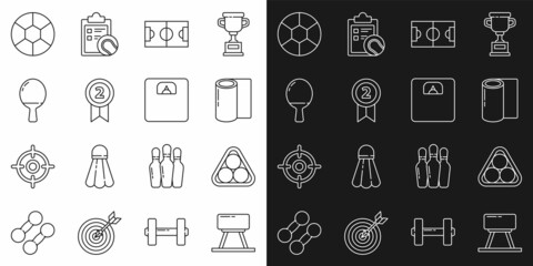 Set line Pommel horse, Billiard balls in a rack triangle, Fitness mat roll, Football soccer field, Medal, Racket for playing table tennis, and Bathroom scales icon. Vector