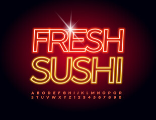 Vector bright logo Fresh Sushi with Neon Red Font. Glowing trendy Alphabet Letters and Numbers set