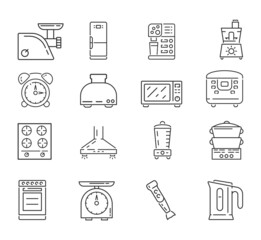 Kitchen appliances icons. Collection of simple images for restaurant. Set of modern appliances for cooking. Blender, microwave. Cartoon flat vector illustrations isolated on white background