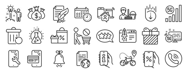 Fototapeta na wymiar Set of Business icons, such as Surprise, Stars, 5g internet icons. Smartphone repair, Discounts app, Recovery trash signs. Info app, Internet document, Start business. Work home, Calendar. Vector