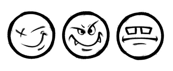 Three graffiti emoticons. Smiling face painted spray paint. Vector illustration on white background