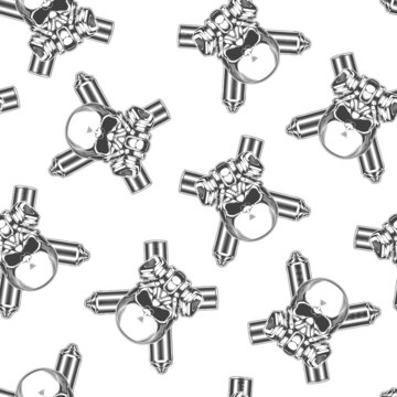 Seamless pattern of vintage monochrome skull and crossed spray cans. Vector illustration.