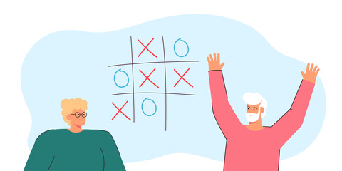 Tic tac toe game of happy elderly couple. Two people playing fun game of noughts and crosses flat vector illustration. Competition, family time concept for banner, website design or landing web page