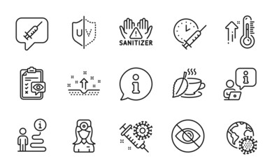 Medical icons set. Included icon as Oculist doctor, Coronavirus vaccine, Clean hands signs. Clean skin, Mint tea, High thermometer symbols. Coronavirus pandemic, Eye checklist, Not looking. Vector