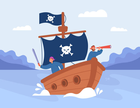 Pirate boat with crew of corsairs on deck sailing on sea waves. Treasure journey on galleon ship of funny male characters with sword and telescope flat vector illustration. Pirate adventure concept