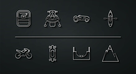 Set line First aid kit, Motorcycle, Kayak canoe, Skate park, Longboard skateboard, Snowmobile, Mountains and Vintage sport racing car icon. Vector