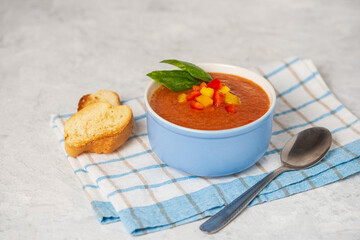 Delicious gazpacho - traditional spanish cold soup puree from vegetables in bowl on light background