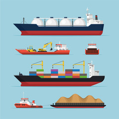 Ship Boat Transportation Marine Vessel Logistics Vector Illustration Set