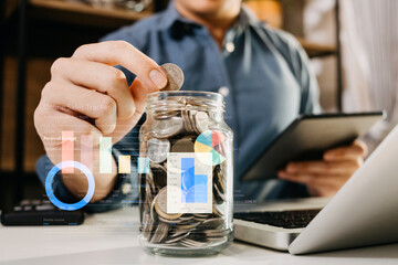 businesswoman hand working with laptop computer, tablet and smart phone in modern office with virtual icon diagram at modernoffice in morning light