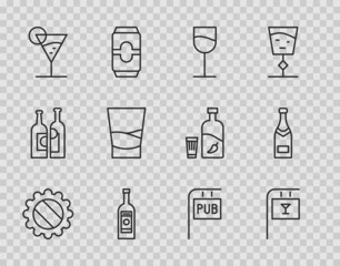 Set line Bottle cap, Street signboard with Bar, Wine glass, Glass bottle of vodka, Martini, Pub and Champagne icon. Vector