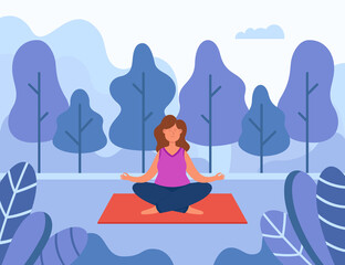 Forest yoga of woman and meditation in summer nature. Girl meditating on mat in lotus pose, bathing in fresh air and energy flat vector illustration. Wellness therapy, awareness, sport concept - obrazy, fototapety, plakaty