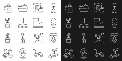 Set line Plant in hand of environmental, Pack full seeds plant, Flower pot, Apple the sack, Garden rake, sprayer for fertilizer and Waterproof rubber boot icon. Vector