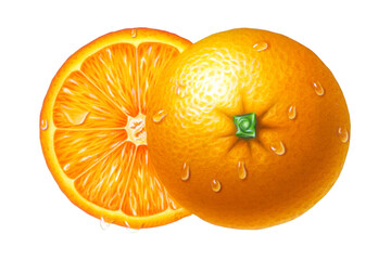 Orange cut on white background. Mixed media illustration