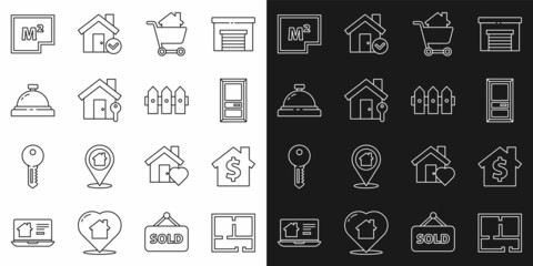 Set line House plan, with dollar symbol, Closed door, Shopping cart house, key, Hotel service bell, and Garden fence wooden icon. Vector