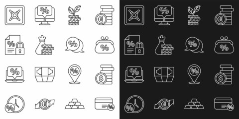 Set line Discount card with percent, Coin money dollar, Purse, Dollar plant, Money bag and coin, Finance document lock, Safe and tag icon. Vector