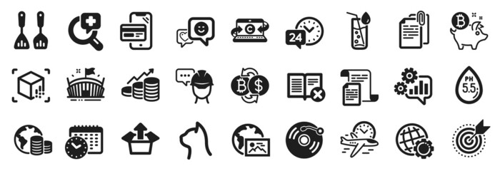 Set of Business icons, such as Target purpose, Web photo, Bitcoin exchange icons. Copywriting notebook, Online shopping, Cogwheel signs. Document attachment, Foreman, Medical analyzes. Vector