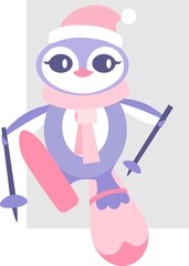 Vector image of a penguin in a scarf and a hat skiing on a white background.