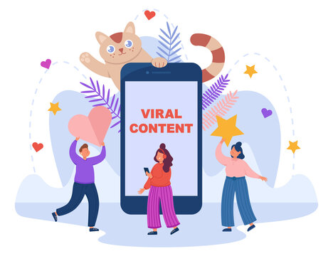 Search by people for viral content on social media. Tiny persons holding heart for like and rating star, standing near smartphone and funny cat flat vector illustration. Digital marketing concept