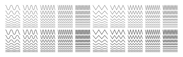 Wavy, zigzag and sinusoidal lines. Set decor, dividers. Isolated vector illustration on white background.